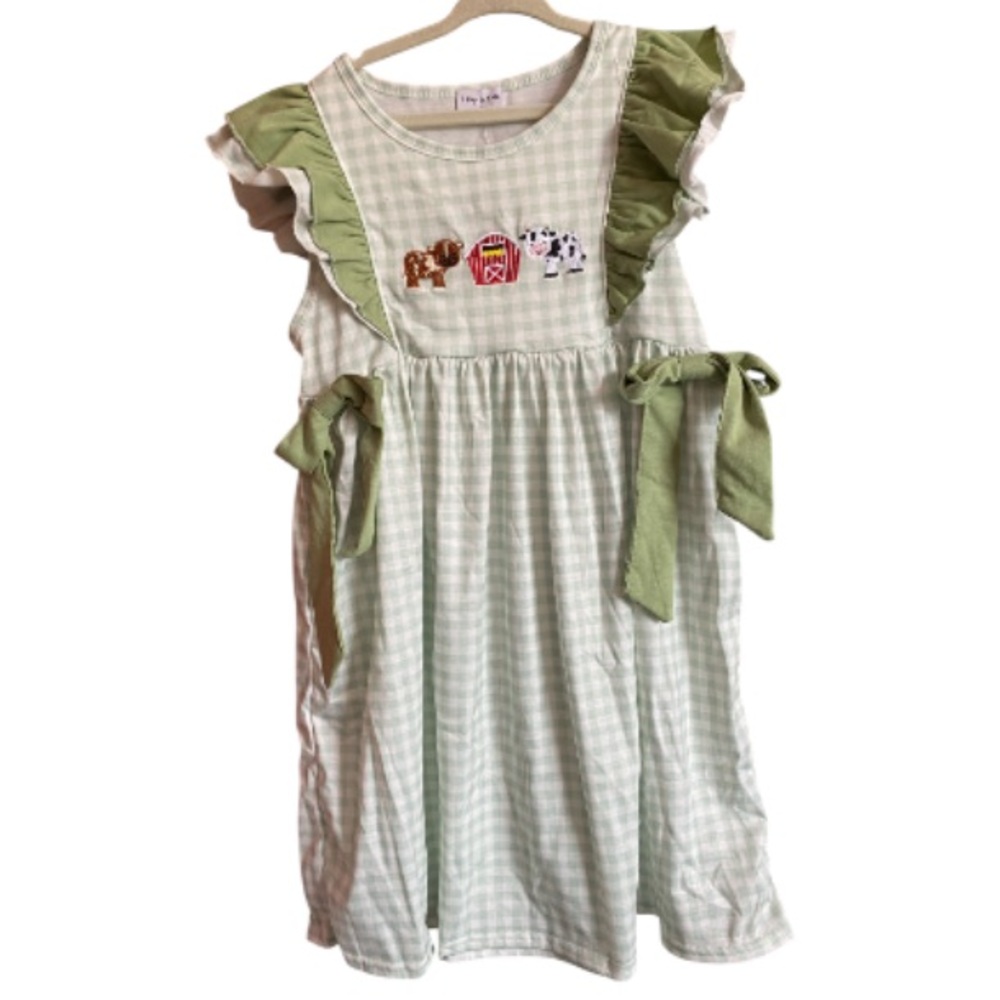 NWT Abby and Evie Green Gingham Farm Animal Girls Dress - (Brand)
